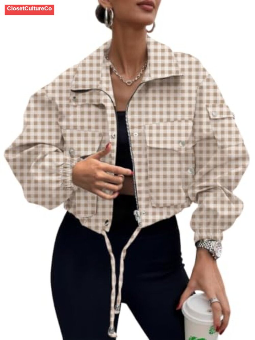 Women's Lightweight Cropped Bomber Jacket Houndstooth Zip Utility